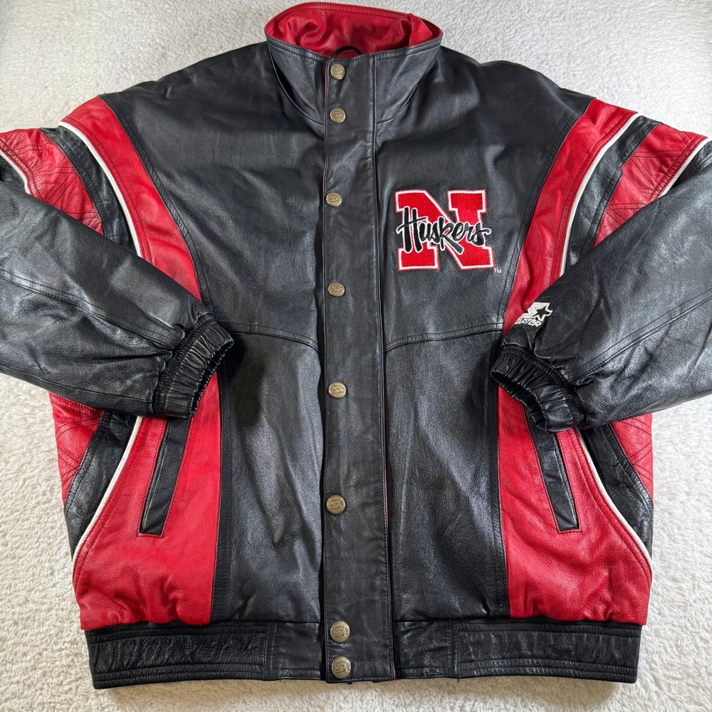 Starter Nebraska Huskers Jacket Mens Large Black Red Vintage Leather Varsity